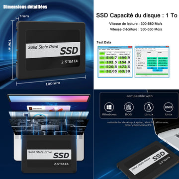 Disque Dur Interne 1To SATA3 SSD transfert haute vitesse 450 M/s avec le système Winxp+Windows7/8/10/11+OS disque dur solides